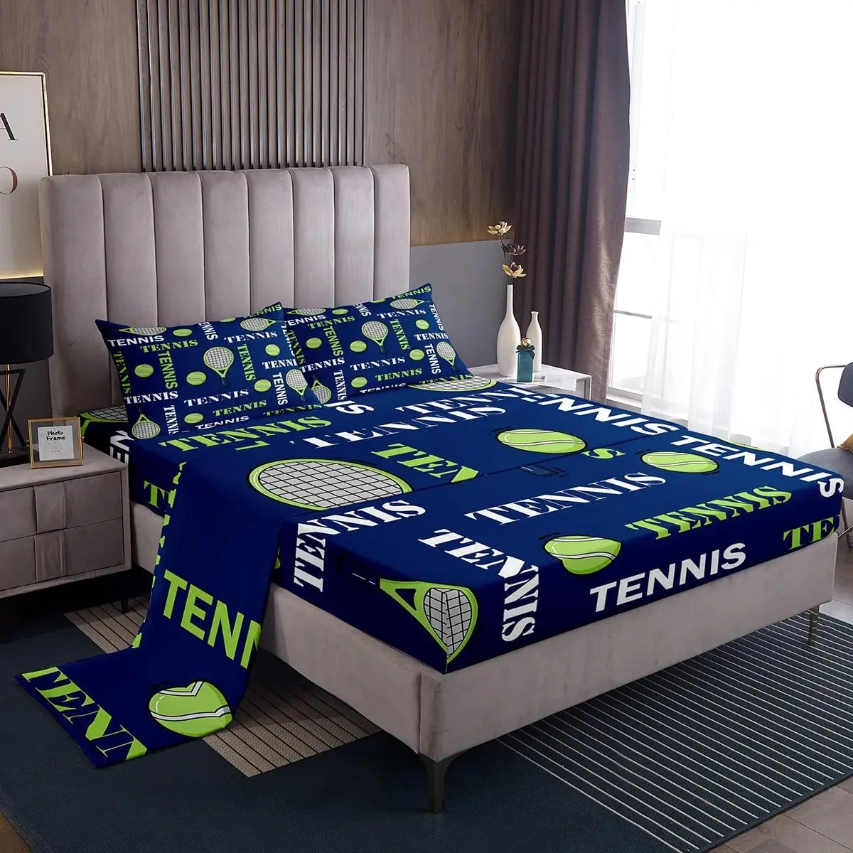 Feelyou Blue All-Season Fitted Bedsheet Sets - Deep Pockets, Multi-Size Queen Kids Tennis Themed, Machine Washable, Soft Bedding Linens for Friends & Family (No Excessive Promotions), Kids Sheet