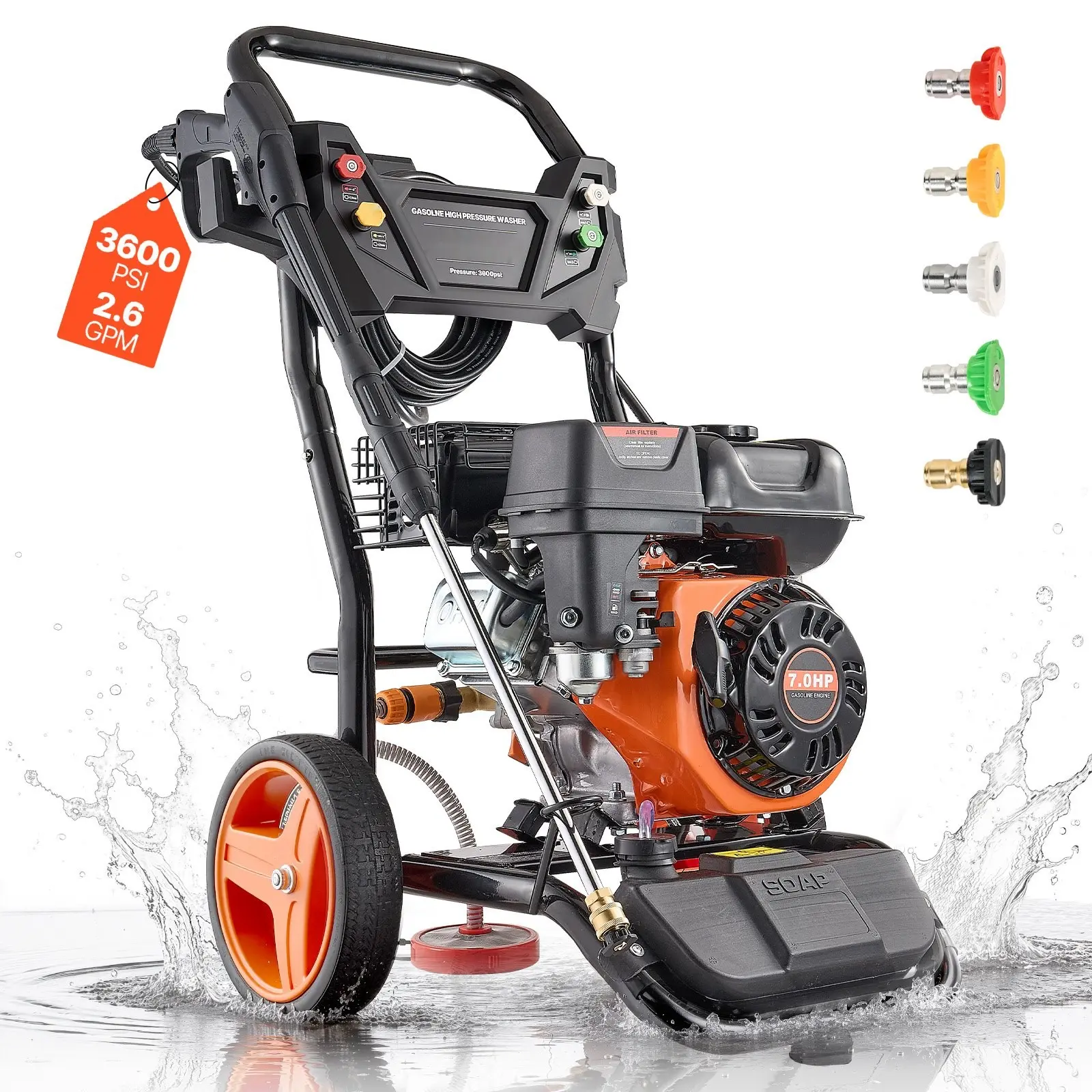 Gas Pressure Washer 3600 PSI and 2.6 GPM With Full Copper Pump, Spray Gun And Wand, Includes 5 Nozzles, 26 Ft High Pressure Hose, Gas Powered Cleaner For Cars, Fences, Driveways, Homes, Patios, Furniture And Outdoor Surfaces