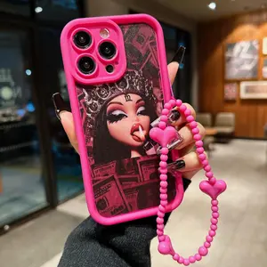 Cartoon Girl Pattern Phone Case with Beaded Lanyard, Anti-drop Phone Protective Cover, Shockproof Cellphone, Phone Accessories Compatible with iPhone 11 12 13 14 15 16 Pro Max, Casing, Protector, Pink, Cellphone