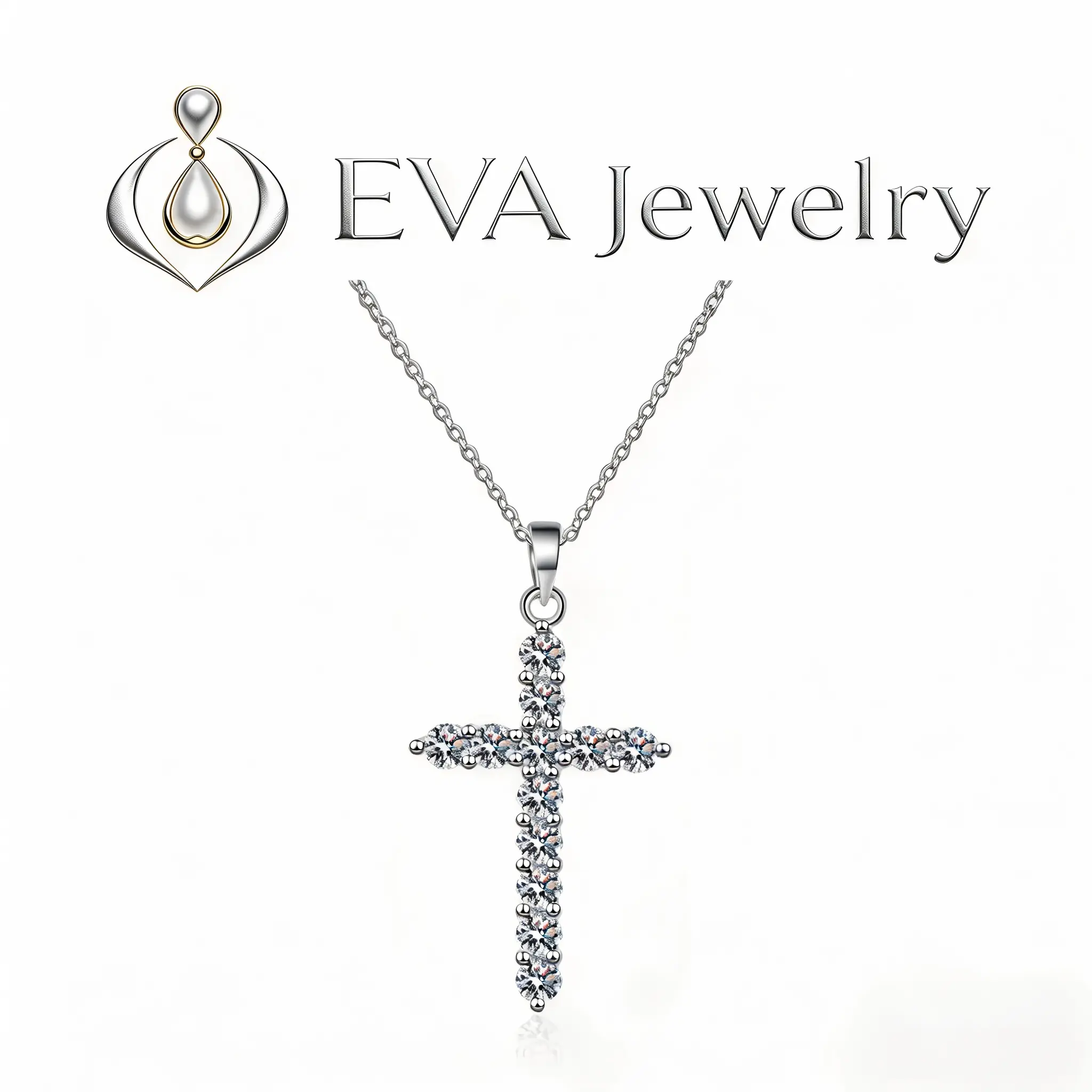 [EVA Jewelry] Cross Necklace 925 Sterling Silver Synthetic Moissanite Necklace