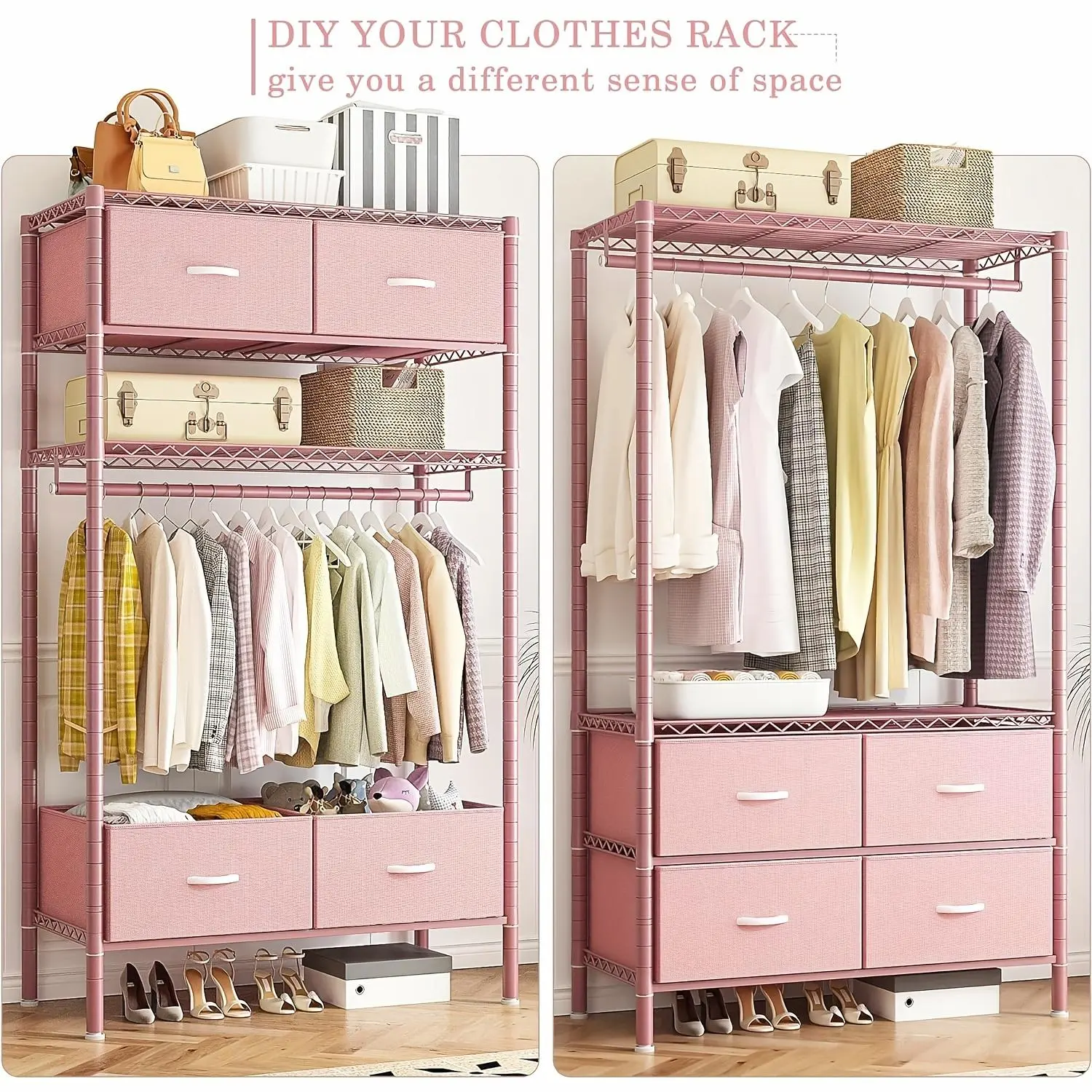 Heavy Duty Clothes Rack, Clothing Rack For Hanging Clothes With 4 Drawers Load 420LBS, Easy To Assemble, Sturdy & Durable Design, Large Capacity For Coats, Shirts, Closet Organizers And Storage, Furniture For Home, Christmas Decorations, Pink