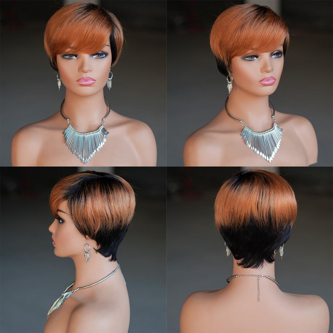 Glueless Short Pixie Cut Wig With Bangs, 180% Density Brazilian Virgin Human Hair, P1B/27 Ombre Black Blonde 6 Inch Layered Machine Made, Natural Look Wig With Caps For Women Daily & Party Wear