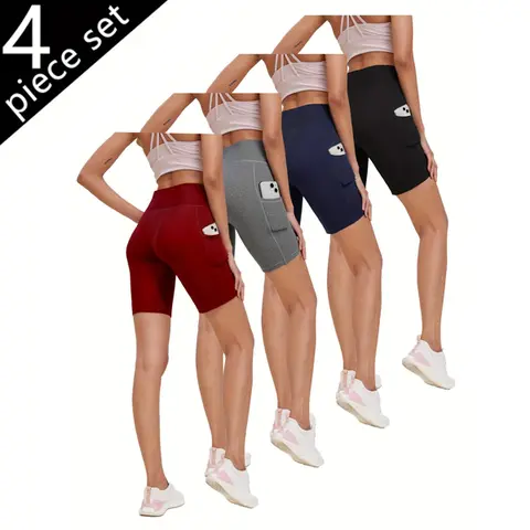VRYXAL Women's 4-Pack High Waist Biker Shorts for Women in Sports - Buttery Smooth, Tummy Control, Quick Dry, Athletic Fitted, Elastic, Dual Side Pockets, Abdominal Compression - Active Shapewear for Yoga, Running