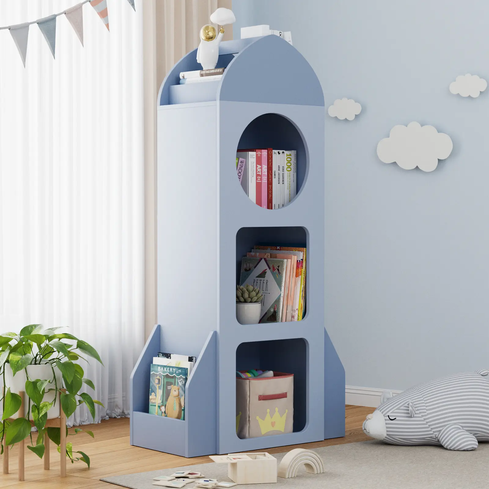 Arlopu Kids Bookshelf and Toy storage, 3-Tier Rocket Baby Book Shelf with Side shelves, Wood Open Toddler Bookcase, Spacious Display Organizer for Children Playroom, Bedroom, Nursery, School homeessentials