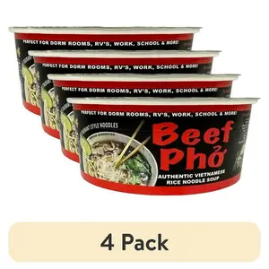(4 pack) Pholicious Instant Beef Pho, Vietnamese Rice Noodle Soup, Single Serve 3.6 Ounce Bowls, Ramen Alternative & Fresh Ingredients