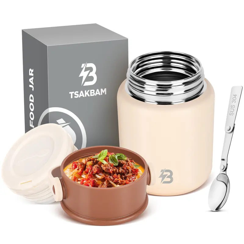 TSAKBAM 17OZ 18/8 Stainless Steel Wide-Mouth Thermal Lunch Box Container - Silicone-Equipped Insulated Jar, Cylindrical Tableware with Foldable Spoon Ease, Lid, Portable for Picnics, Gym (Adults, 18/8 Stainless Steel Feels Premium)