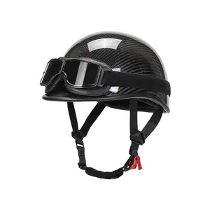 KAESE Carbon Fiber Half Helmet DOT Approved Vintage Open Face Lid with Retro Goggles Lightweight for Cruiser Biker