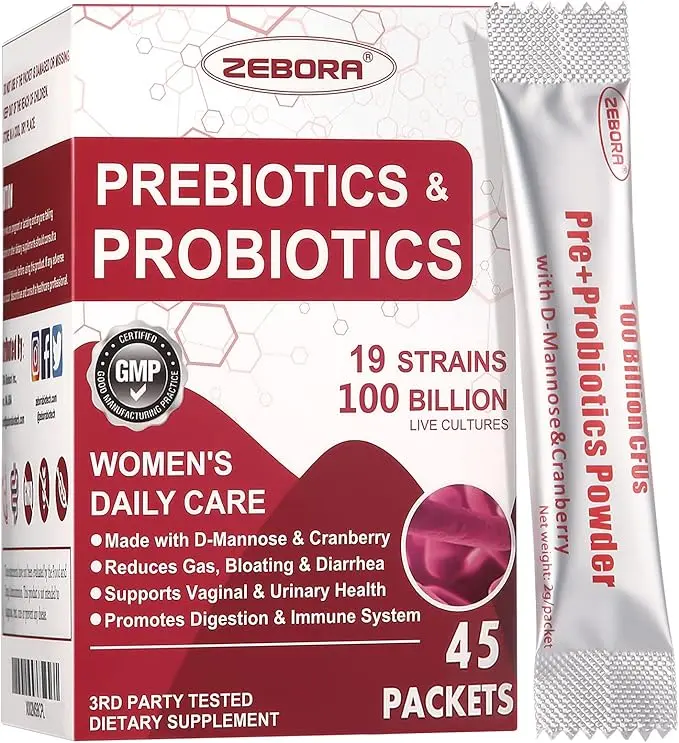 ZEBORA Probiotics for Women 45 Packets - High Potency Dietary Fiber, Pre and Probiotics for Digestive Health, Cranberry & D-Mannose, Multivitamin Supplement - Edible