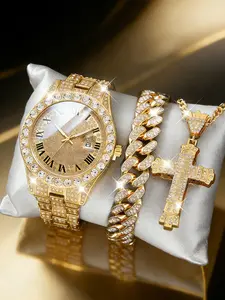 Men's Luxury Rhinestone Quartz Watch Set, Includes Bracelet and Necklace, Stainless Steel Band, Fashion Fall Gift, Unisex, Birthday Present, Elegant Set