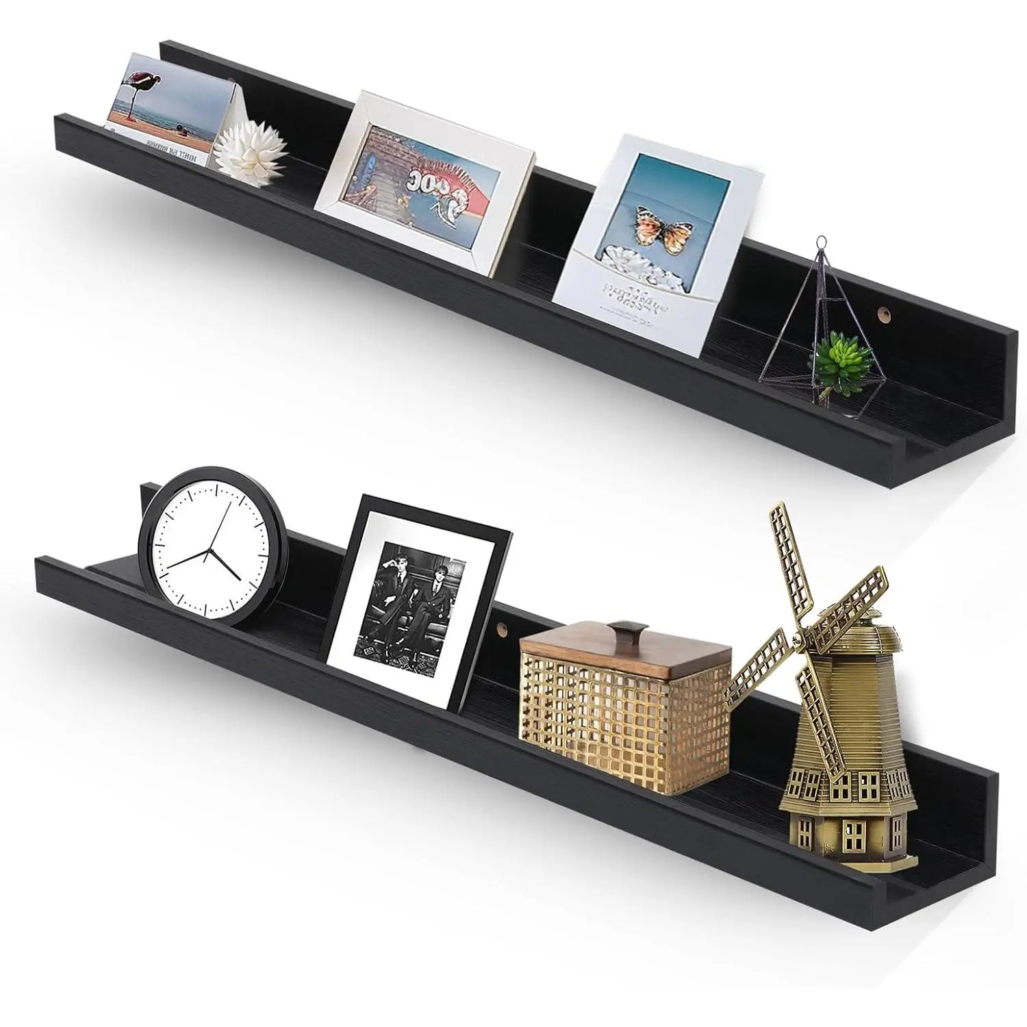 35.4" Large Floating Wall Ledge Shelves with Lip - Set of 2  Floating Shelves - Black Wall Mounted Picture Ledge for Office, Bathroom, Bedroom, Living Room, Kitchen