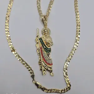 SAINT JUDE/SAN JUDITAS Cuban link style necklace gold-plated 24"inches with red green clear stone's 3"inches