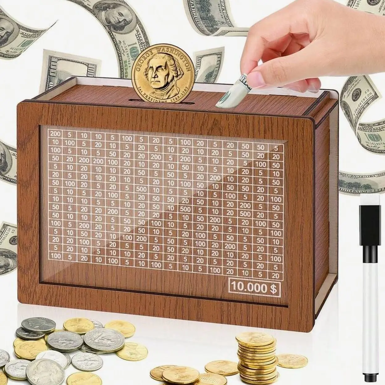 10000 Savings Challenge Box - Wooden Cash Box with Counter for Money Storage, Coin Jar for Couples & Travel Planning