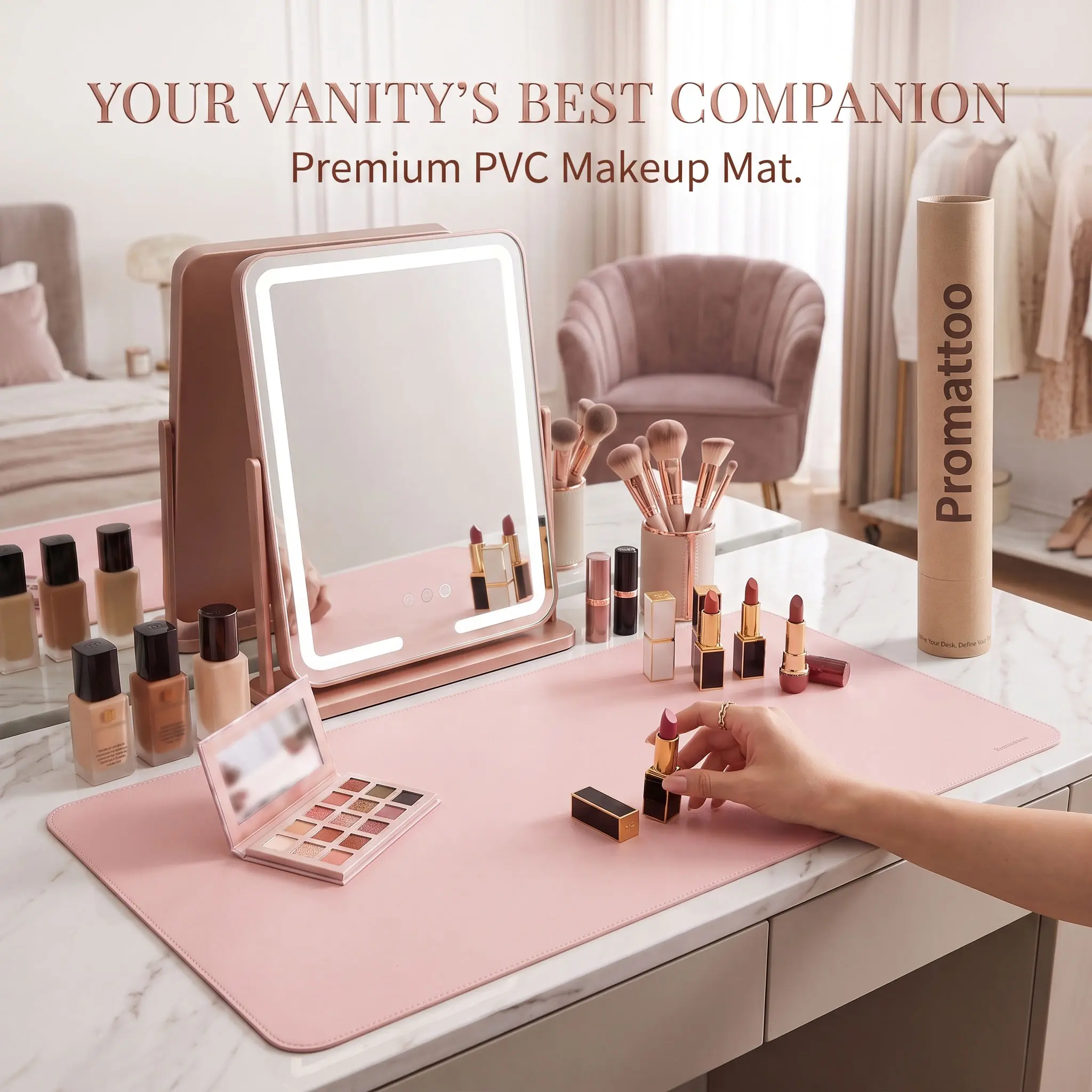 Vanity Mat, Waterproof PVC Makeup Mat for Vanity, Non Slip Vanity Cover for Dresser Top Protector, Easy Clean Vanity Accessories for Women, Reusable Dorm Desk Cover