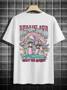 Dreamland Hippie Mushroom Graphic T-Shirt| Vibrant Summer Casual and Commute Tee for Men, Cream-Colored Round Neck with Colorful Mushroom and Floral Design, Lightweight and Breathable Fabric, Regular Fit, Short Sleeve, Slight Stretch, Plus Size
