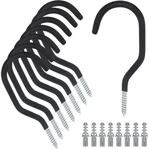 8 Pack Large Heavy Duty Screw Hooks, Black No Drill Wall & Ceiling Hooks for Hanging Plants, Outdoor String Lights, Bike, Perfect for Garage Organization and Storage