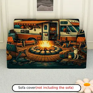 1Pc Camping Bonfire Dog RV Evening Scene Sofa Cover - Soft, Breathable with Elastic Fit, Machine Washable, Perfect for Holiday Decor, Sofa Covers for Living Room.