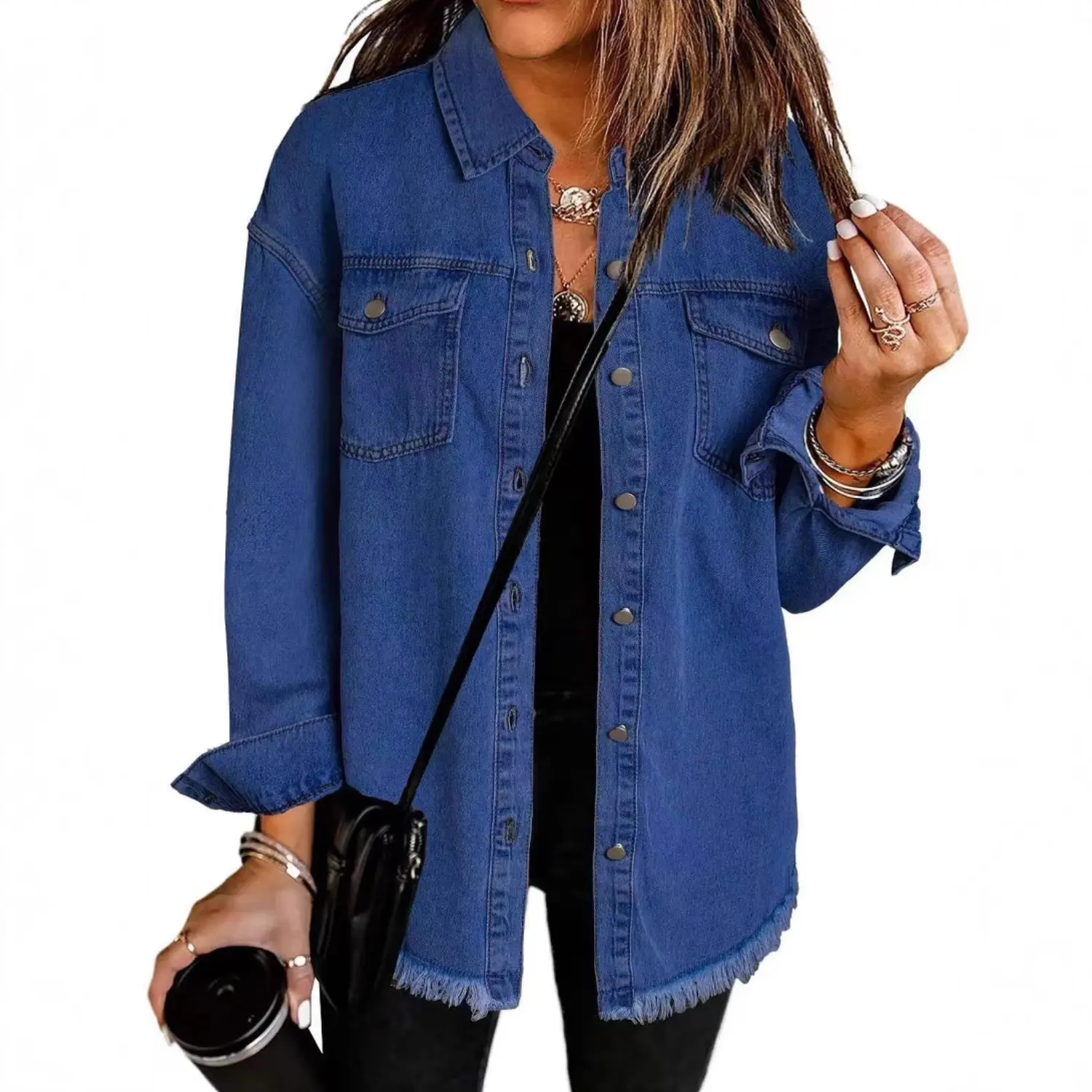 Women's Minimalist Basic Raw Hem Denim Shacket, Long Sleeve Loose Fit Button-Up Tops, Distressed Effortless Chic Coats for Spring & Fall,summerwins