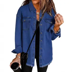 Effortless Chic Raw Hem Denim Shacket | Loose Fit Button Up Jean Jacket for Women | Stylish Distressed Outerwear for Spring & Fall