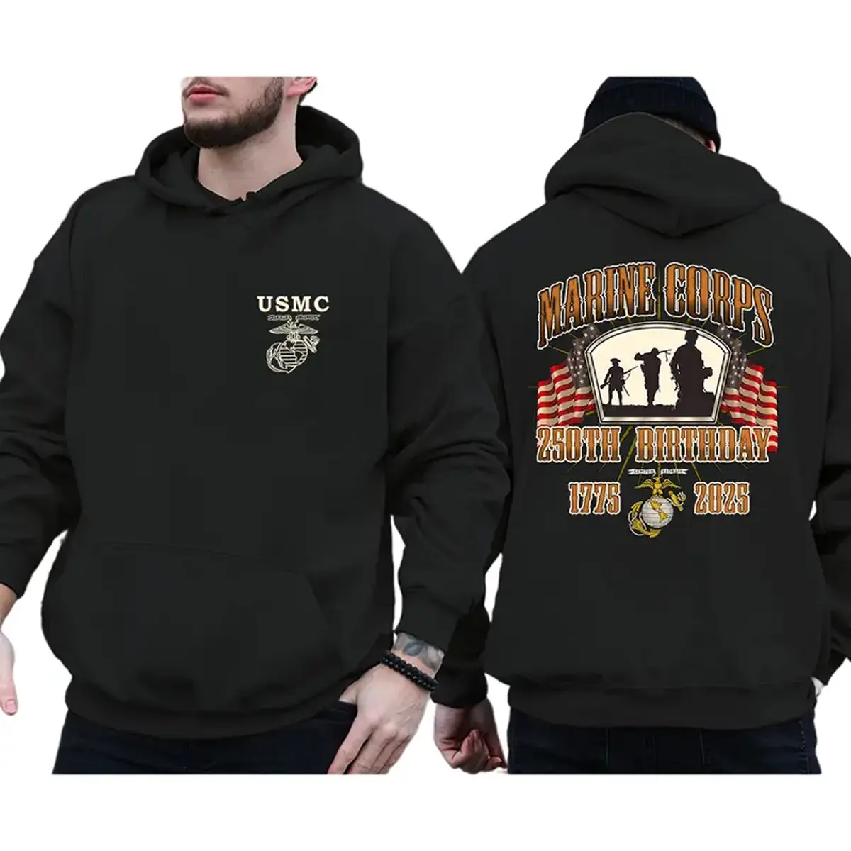 Vintage USMC 250th Anniversary Hoodie – Patriotic Marine Corps Pullover, Military Pride Sweatshirt, Veteran Graphic Hoodie, 1775–2025 Marine Gift for Men & Women