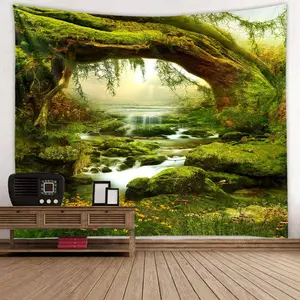 Enchanted Forest Stream Tapestry, Mossy Tree Arch Waterfall Scenic Wall Hanging, Magical Nature Landscape Wall Art for Bedroom Living Room Dorm, Fairy Tale Decor Blanket