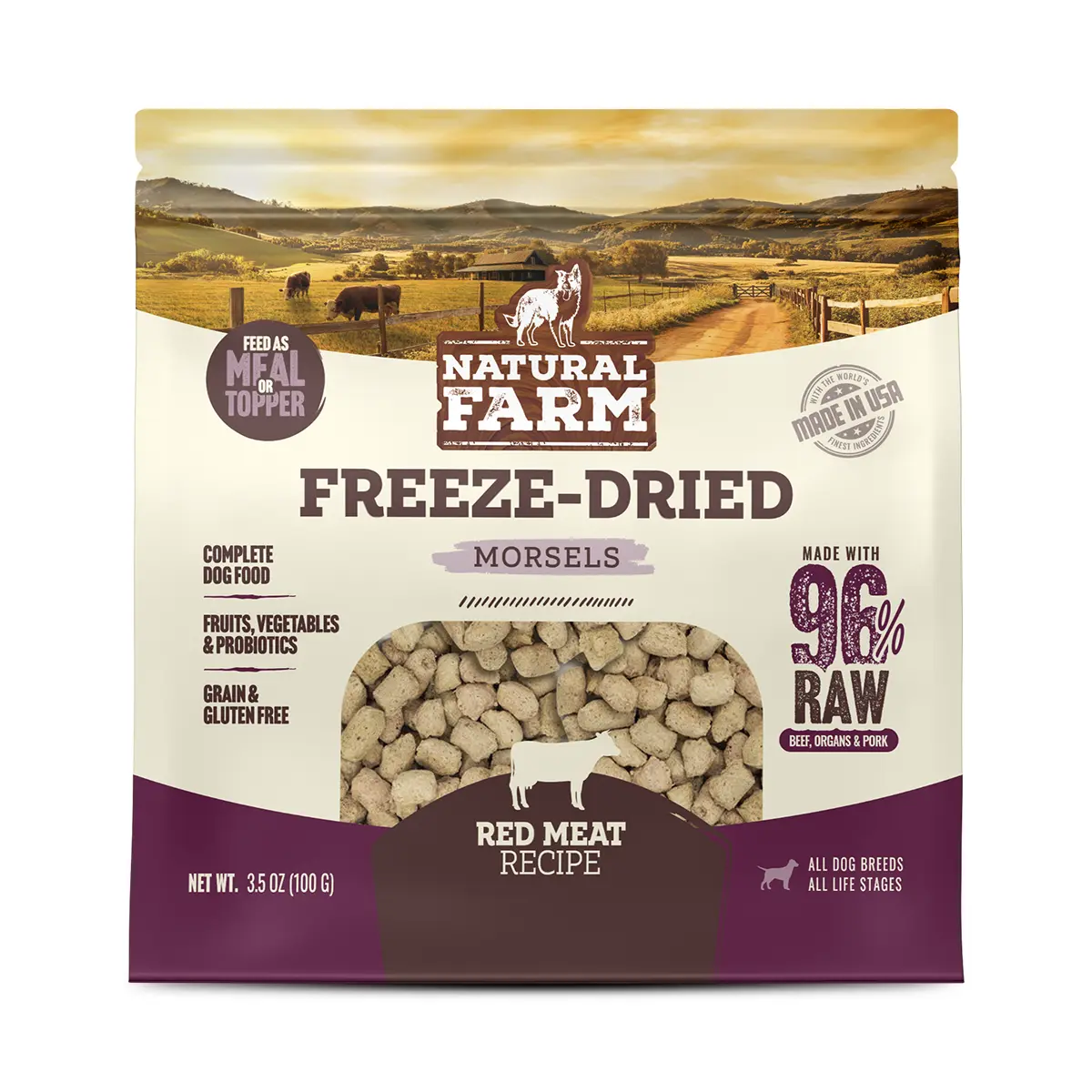 Natural Farm Freeze-Dried Red Meat Morsels - 96% Raw Beef Organs & Pork - Grain & Gluten Free - Probiotics - Complete Meal or Topper - 3.5 oz