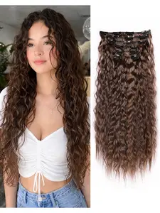 Brown Glueless Kinky Curly Clip in Hair Extensions, 6PCS Hair Extensions 24" Long Curly Wavy Synthetic hair extensions Natural Thick Deep Wave Hairpieces