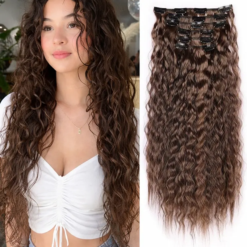 Brown Glueless Kinky Curly Clip in Hair Extensions, 6PCS Hair Extensions 24" Long Curly Wavy Synthetic hair extensions Natural Thick Deep Wave Hairpieces Curled Hair Extensions Curly Hair Extensions Clip Ins