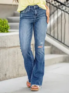 Women's Ripped Bootcut Jeans Mid Rise Stretchy Denim Flare Wide Leg Distressed Details Trendy Modern Appeal Comfortable Fit All Seasons
