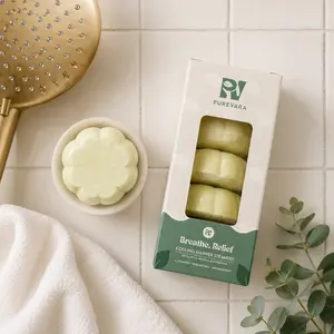 Purevara Breathe & Relief Shower Steamer - 6 Aromatherapy Steamers for Clear Breathing Support & Post-Workout Recovery - Relaxing Aroma for a Refreshing Shower Experience