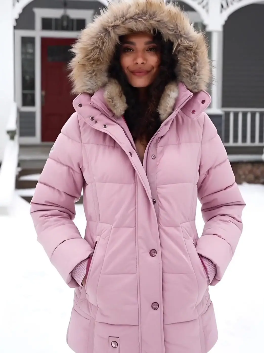 2025 Winter Warm Wool Collar Cotton Coat Women's Zipper Long Sleeve Slim Fit Hooded Pink Puffer Jacket Casual Outerwear for Day & Night Wear - Light