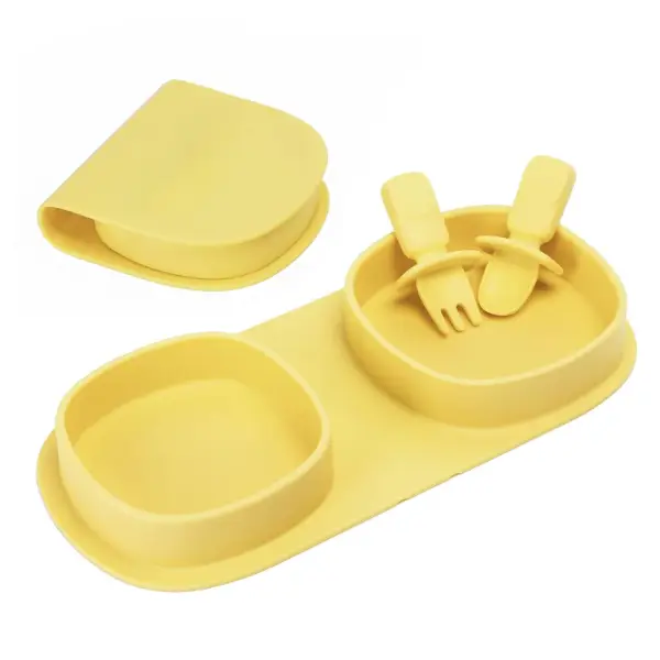 Toddler Plates Travel Essential on the go,Baby Plates with Forks and Spoons Self Feeding 6 months,Foldable,Silicone,BPA Free,Lemon