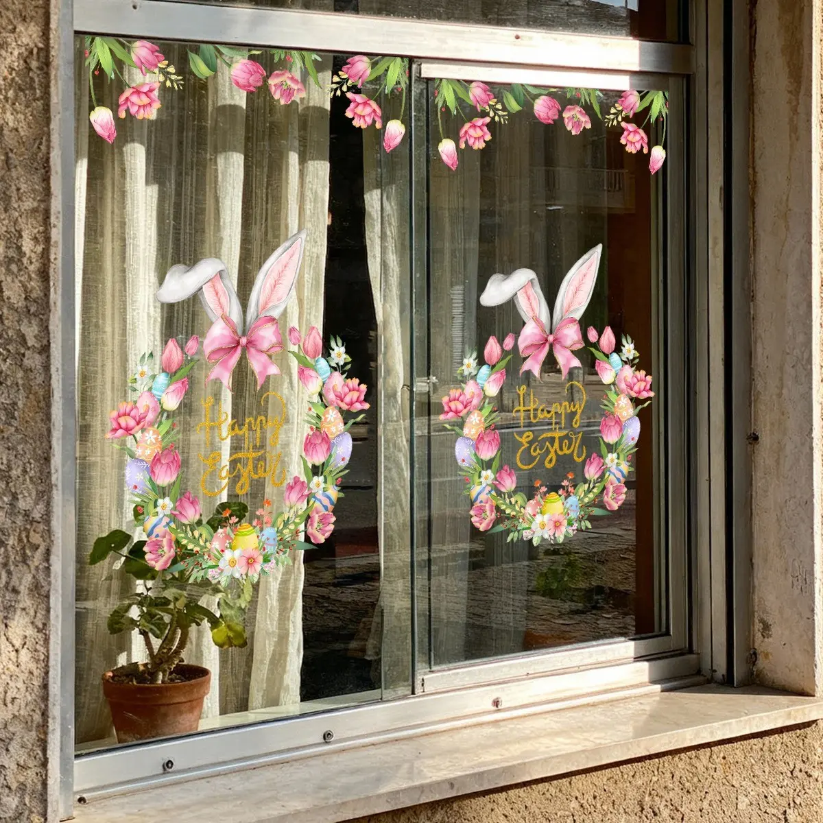 Easter Bunny Wreath Window Stickers Set of 2, 30x40cm Static Glass Decor for Holiday Celebrations, Colorful 2D Design