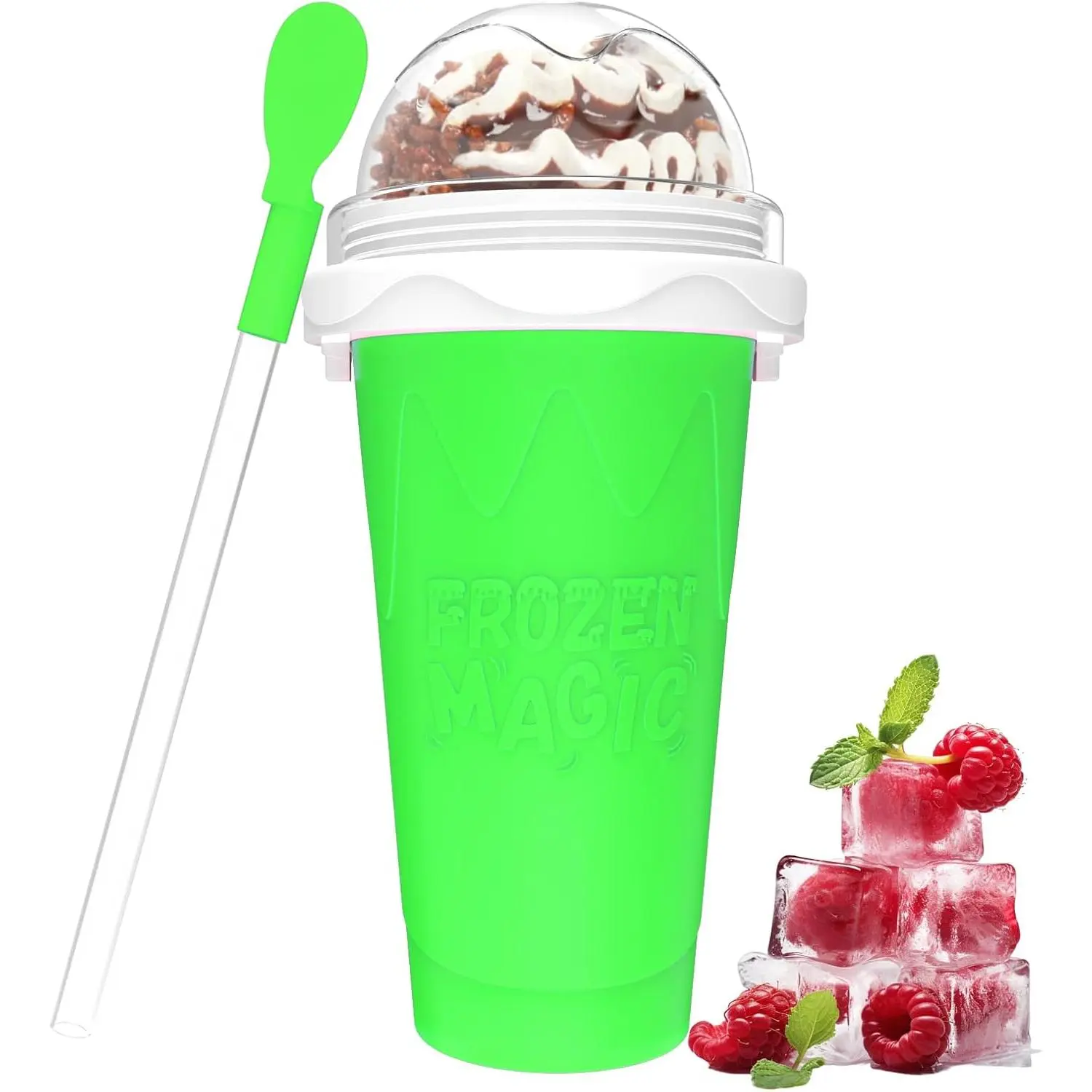 Slushie Maker Cup, DIY Magic Slushy Maker Squeeze Cups, Portable Smoothie Squeeze Cups for Juices, Milk and Ice Cream Make, Double Layer Squeeze Slushy Maker Cup, Birthday Gifts for Family (Green)