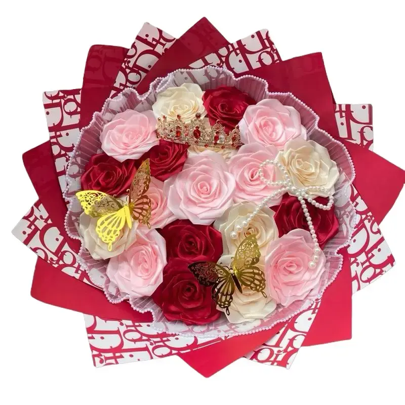 Ramo Buchónsito Elegant Rose Bouquet - 16 in Decorative Flowers with Gold Butterfly Accents, Pearls, 1-Piece Red Gift-Ready Packaging (Home Decor)