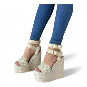Acilici Women's High Heel Footwear - 15cm Platform Wedges with Elegant Natural Jute Double Straps, Adjustable Golden Buckles, Classy Design