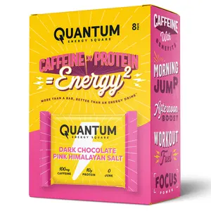Quantum Energy Square Healthy Protein Energy Bars Dark Chocolate Pink Himalayan Salt 8Pk Snack - Organic Caffeine with Balanced Macronutrients, 10g Plant-Based Protein, Vegan, Gluten-Free, Non-GMO
