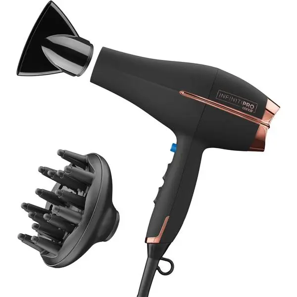 Conair InfinitiPRO Ceramic Hair Dryer (1875W, Black) – Smooth Styling Tool with Diffuser, Concentrator, No-Slip Grip, Multiple Heat/Speed Settings, 6-ft Flexible Cord for All Hair Types
