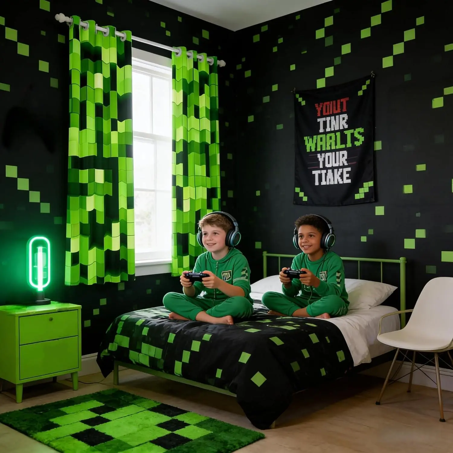 Pixelated Miners Game Boys Girls Room Decor,Video Games Gamepad Gaming Window Curtains,Modern Geometric Square Blackout Curtains,Light Green 2 Panels
