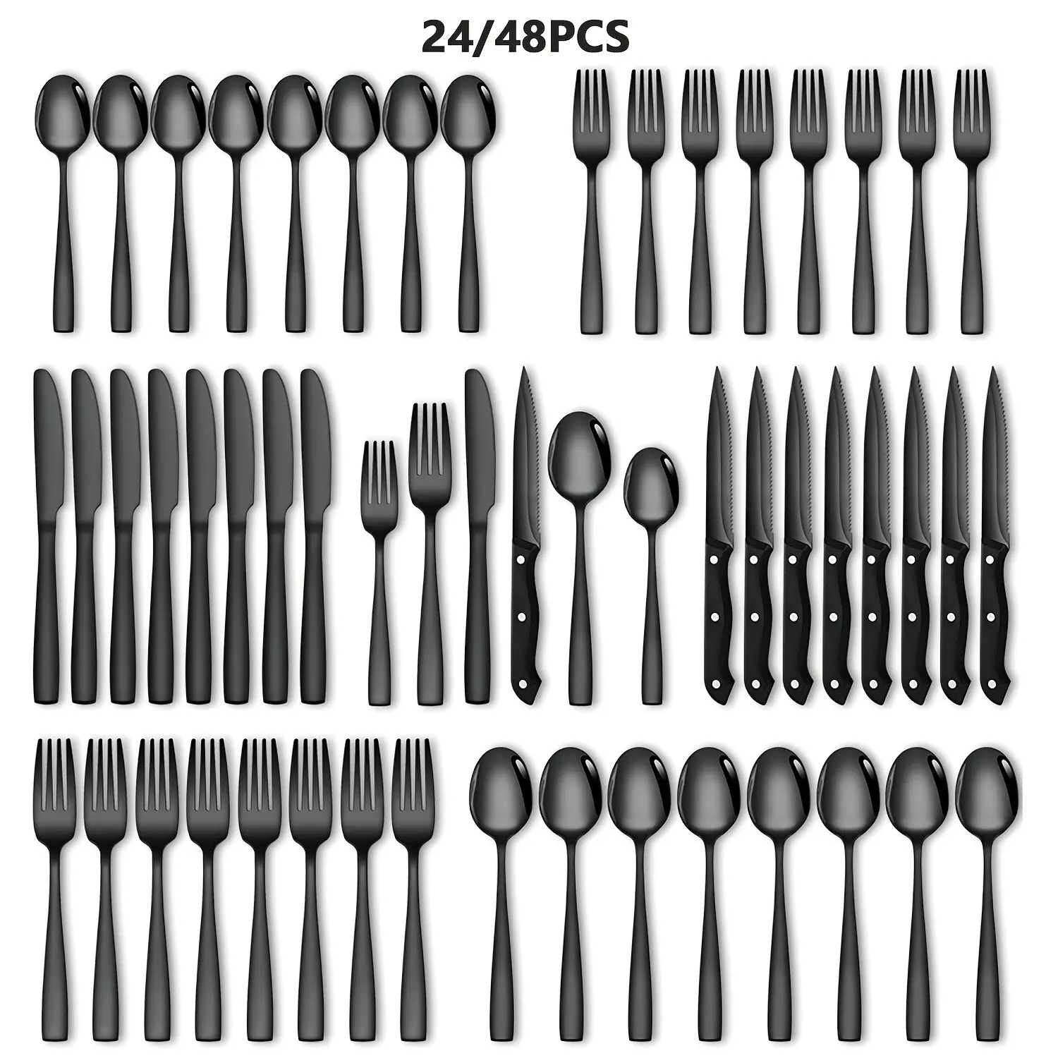 sebastian CADIA, 48-piece black stainless steel cutlery set, family hotel knife, fork and spoon cutlery set with gift box, durable, mirror polished, dishwasher safe, perfect for Halloween, parties, weddings, banquets, tableware set Dinnerware Service Set
