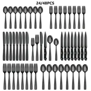48-piece black stainless steel cutlery set, family hotel knife, fork and spoon cutlery set with gift box, durable, mirror polished, dishwasher safe, perfect for Halloween, parties, weddings, banquets, tableware set