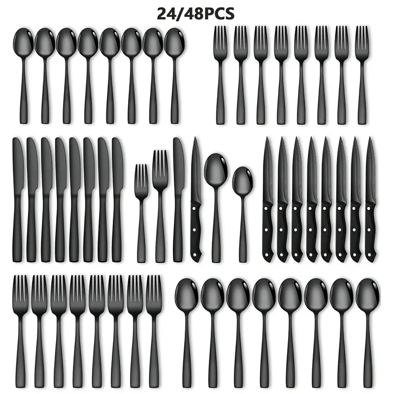48-piece black stainless steel cutlery set, family hotel knife, fork and spoon cutlery set with gift box, durable, mirror polished, dishwasher safe, perfect for Halloween, parties, weddings, banquets, tableware set