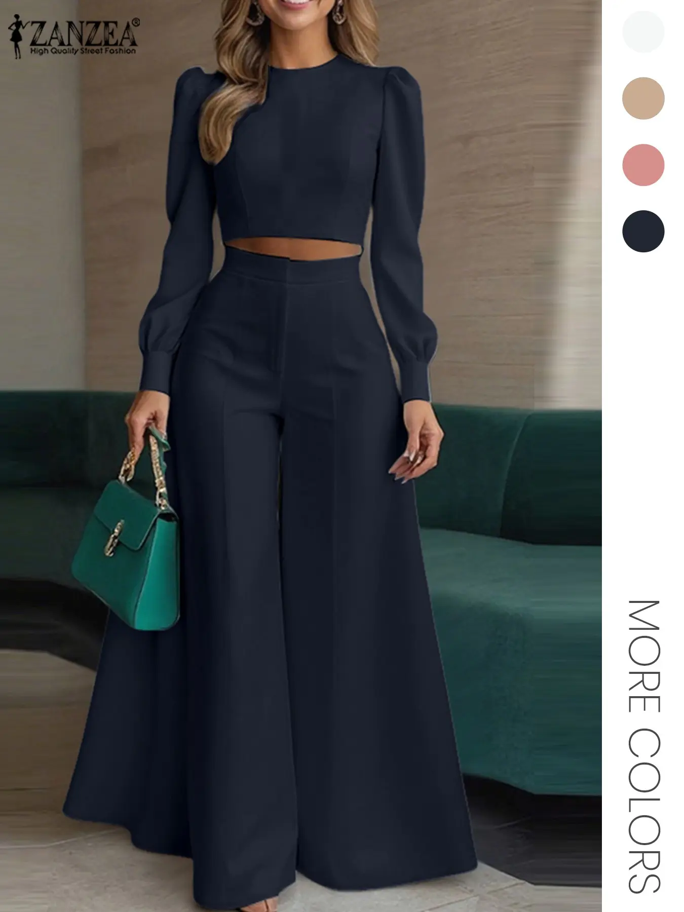 ZANZEA Women's Casual Woven Two-Piece Trouser Set Suits, Round Neck Long Sleeve Cropped Top & High Waist Wide Leg Pants, Office Style for Daily Wear