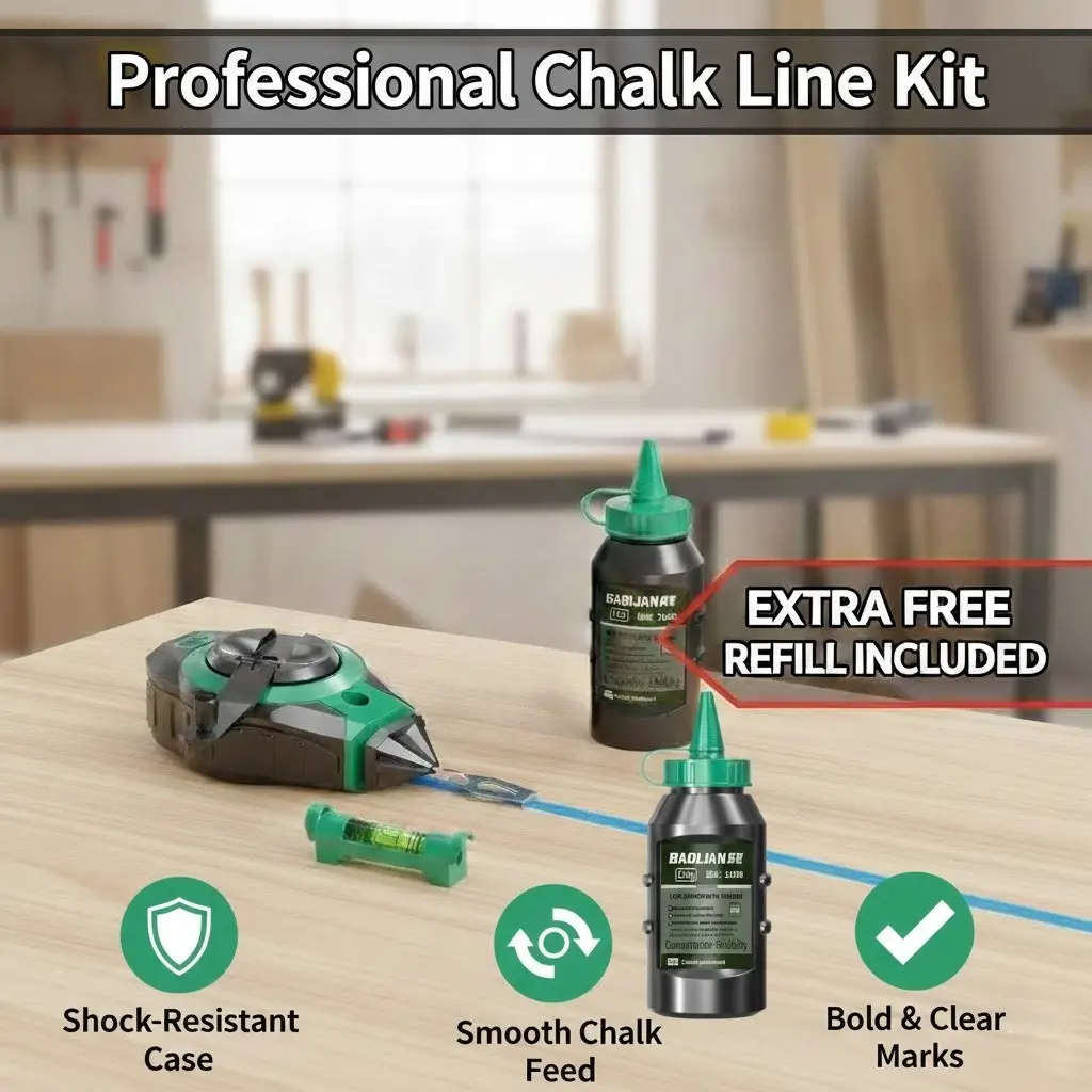 Chalk Line Reel Kit with 2 Bottles of Blue Chalk - 100ft Self-Winding Chalk Box & Line Level Set for Carpentry, Smooth Chalk Feed, Accuracy