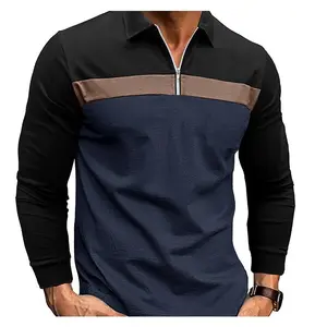 European and American Size Polo Men's T-shirt 2025 Fall and Winter Lapels Color Matching Polo Shirt Men's Long Sleeve Top
