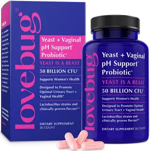 Lovebug Yeast + Vaginal pH Support | Clinically Studied Ingredients for Yeast & UTIs | Multi Strain 50 Billion CFU | 30 Capsules
