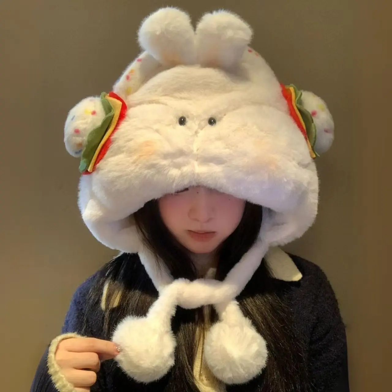 Cute Hamburger Bear Plush Hat for Women, Autumn and Winter, Fleece-Lined, Thickened, Warm, Large Head Circumference, Ear-Protecting Hat
