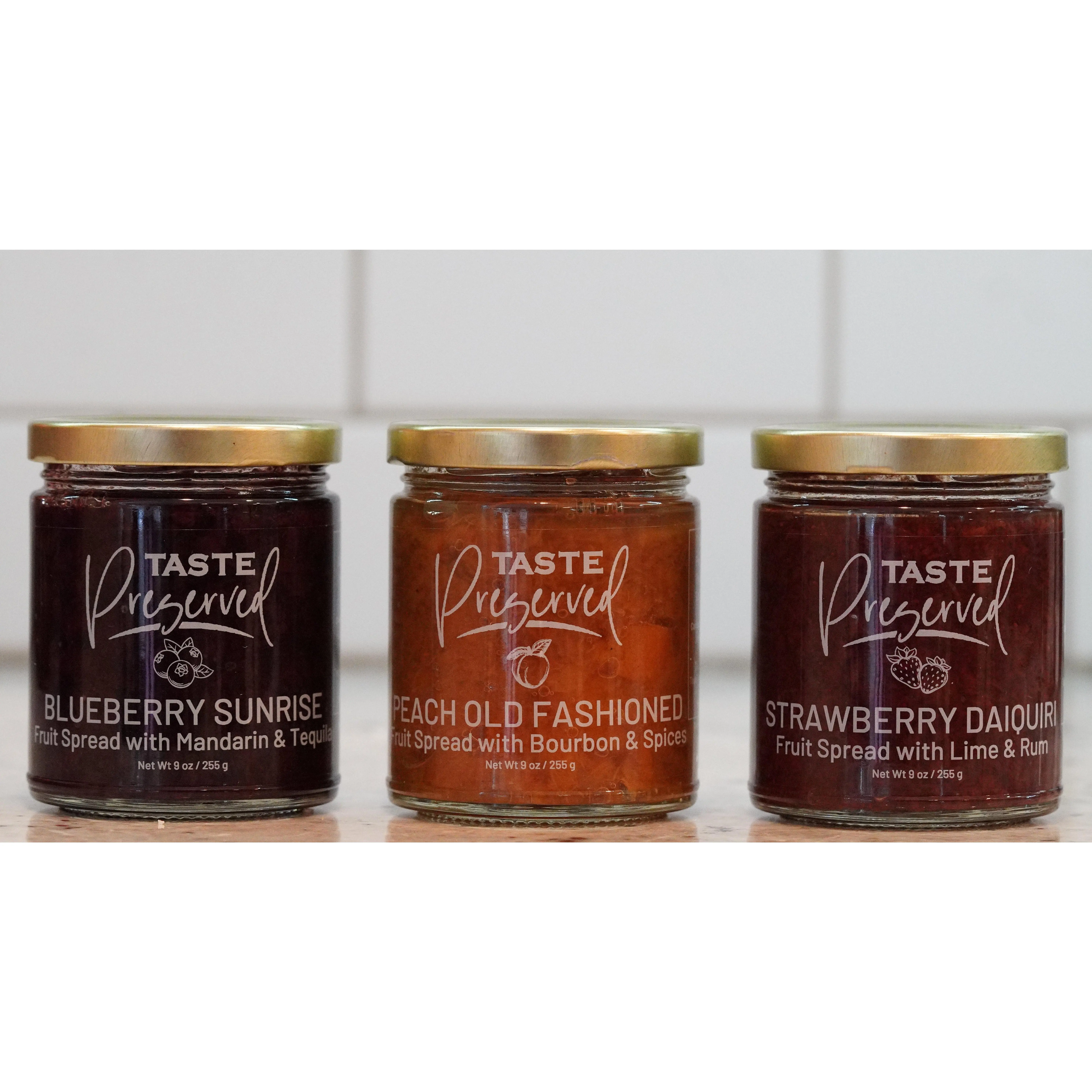 Taste Preserved Sweetie Trio - Blueberry Sunrise, Peach Old Fashioned & Strawberry Daiquiri Fruit Spreads