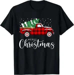 100% cotton Unisex Merry Christmas Red Truck Buffalo Plaid Xmas Retro Vintage T-Shirt