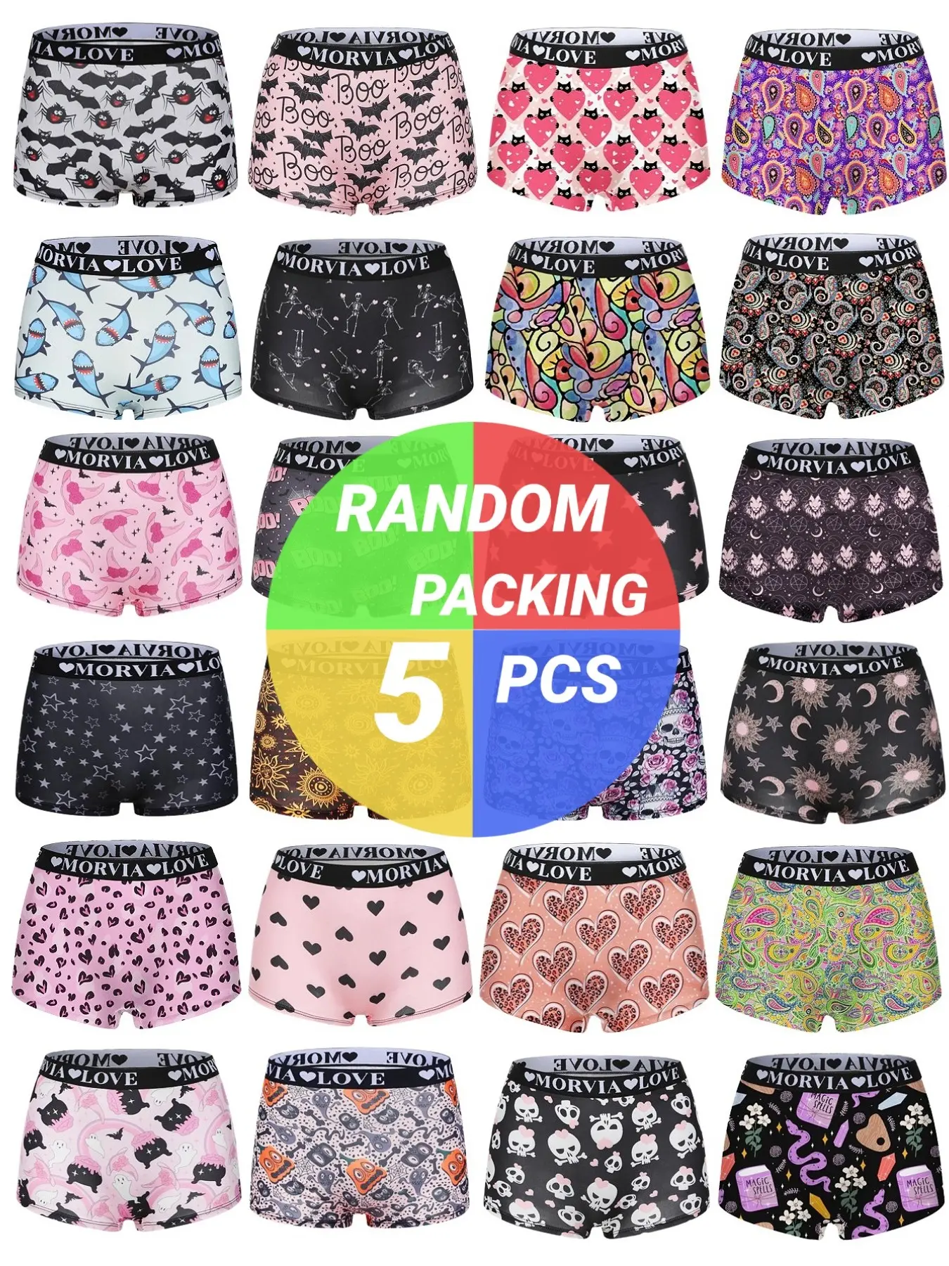 5 Pieces Random Blind Box Women's Elegant Soft Panties Set, Fashion Print Lace Trimmed Boxer Shorts, Soft Comfortable Fitted Knitted Stretch Underwear, Fashion Comfy Underwear for All Seasons