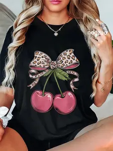 100% Cotton Cherry Cherries Leopard Bow Cherry Fruit Kawaii T-Shirt
